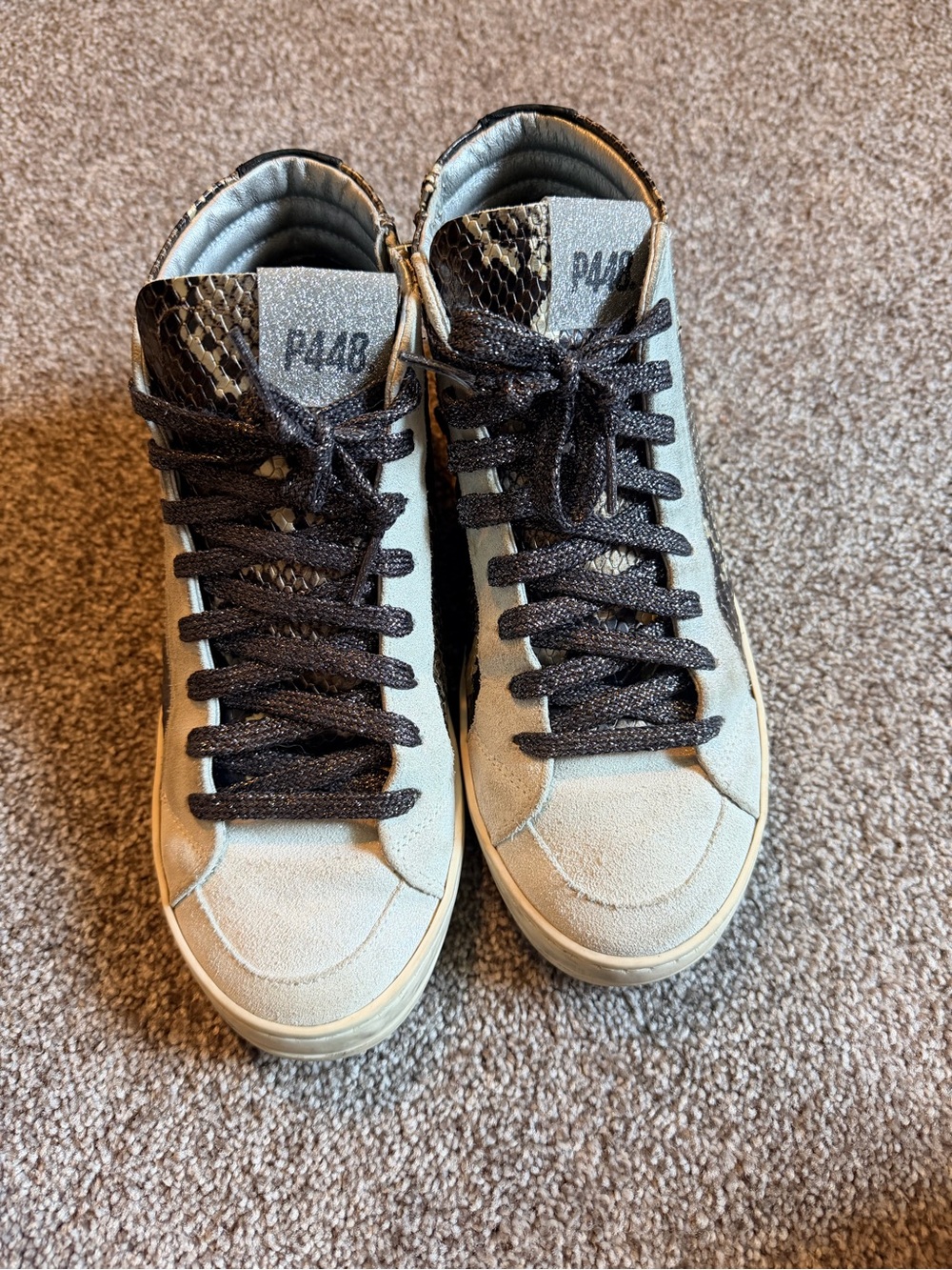 P448 Beige Suede High-Top Sneakers with Black Laces and Snakeskin Detail